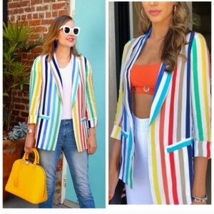 Alice + Olivia - Kylie Easy Shawl Collar Jacket Rainbow Stripe SIZE Meduim